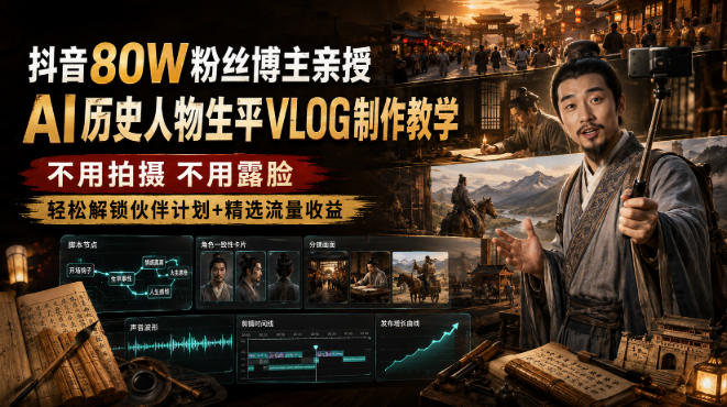 抖音80W粉丝博主的AI历史人物生平VLOG教学，不用拍摄不用露脸，AI帮你搞定，轻松解锁伙伴计划+精选收益-项目汇