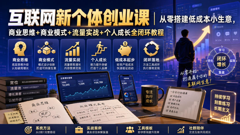 互联网新个体创业课|从零搭建低成本小生意,商业思维+商业模式+流量实战+个人成长全闭环教程-项目汇