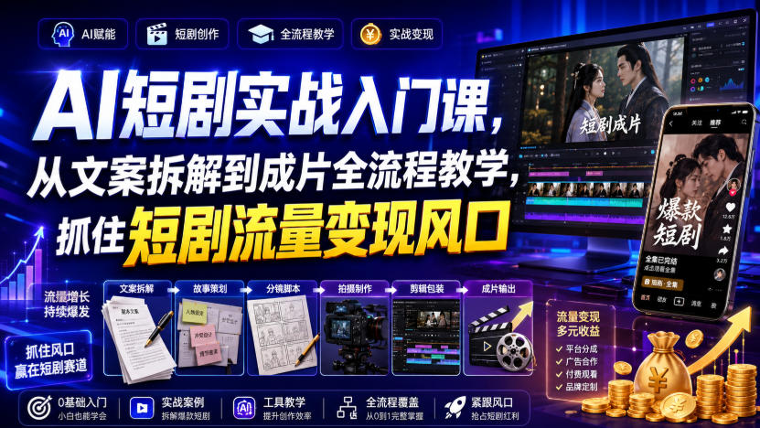 AI短剧实战入门课,从文案拆解到成片全流程教学,抓住短剧流量变现风口-项目汇