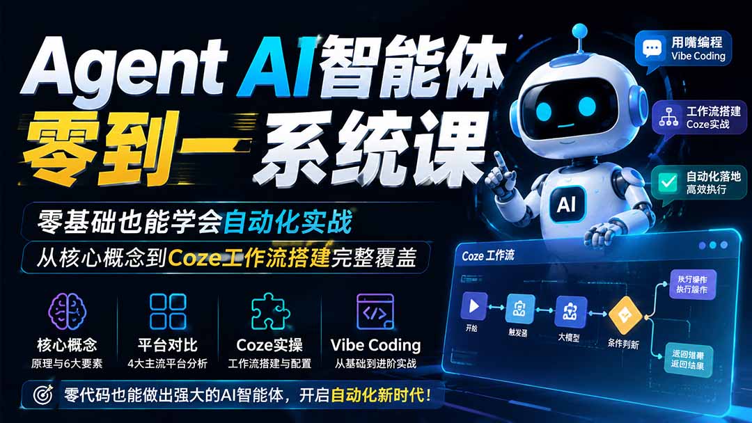 Agent AI智能体零到一系统课；零基础也能学会自动化实战，从核心概念到Coze工作流搭建完整覆盖-项目汇