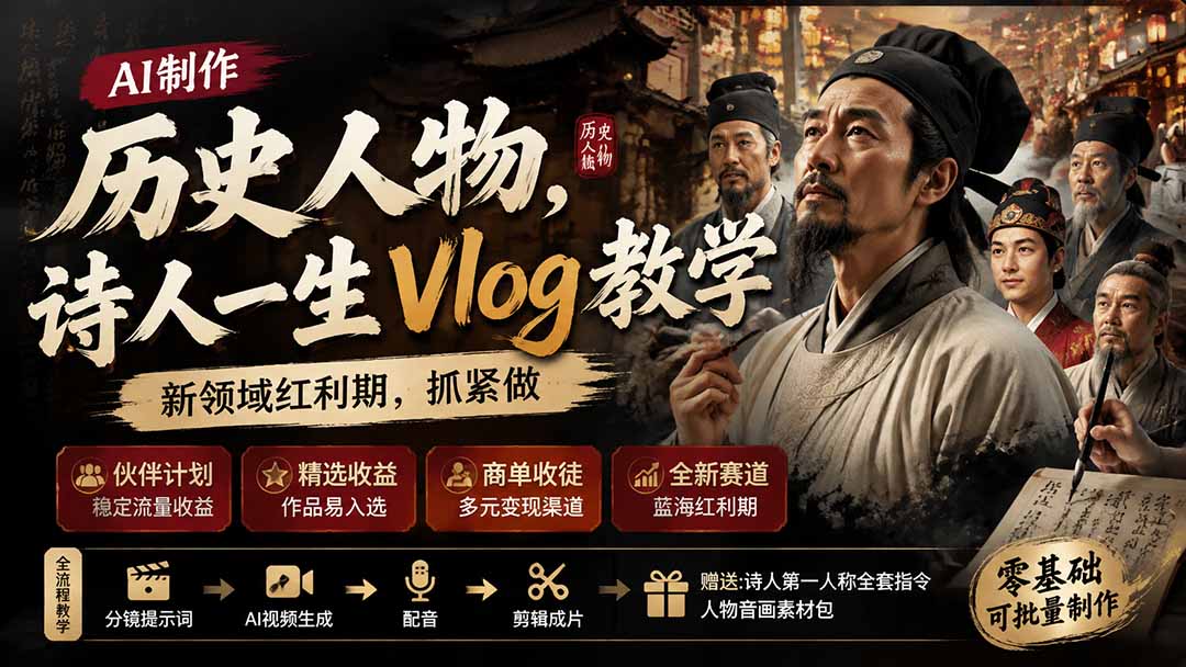 历史人物,诗人一生Vlog教学, AI制作丨伙伴计划丨精选收益丨商单收徒 ,新领域红利期,抓紧做-项目汇