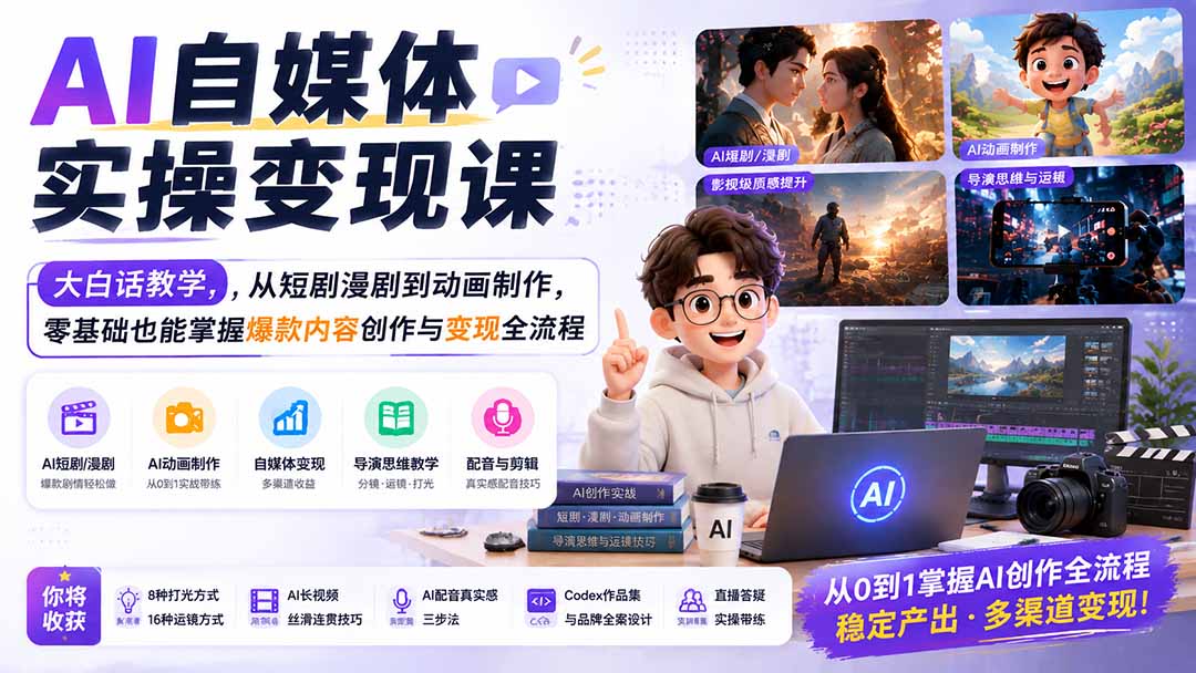 AI自媒体实操变现课|大白话教学,从短剧漫剧到动画制作,零基础也能掌握爆款内容创作与变现全流程-项目汇