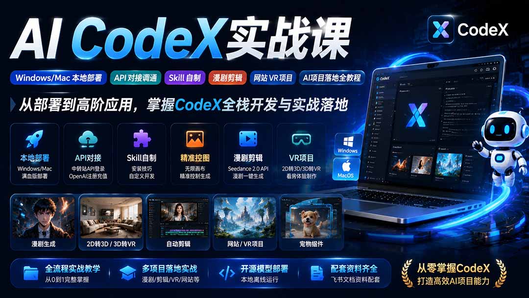 AI CodeX实战课|Windows/Mac 本地部署|API 对接调通|Skill 自制|漫剧剪辑|网站 VR 项目|AI项目落地全教程-项目汇