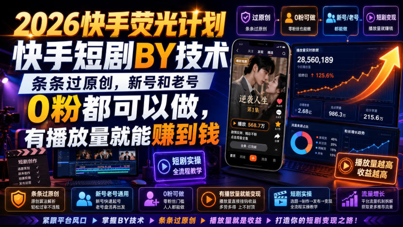 2026快手荧光计划,快手短剧搬运技术,条条过原创,新号和老号0粉都可以做,有播放量就能賺到钱-项目汇