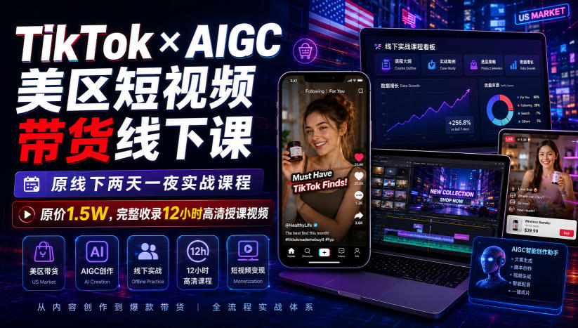 TikTok×AIGC美区短视频带货线下课,原线下两天一夜实战课程,原价1.5W,完整收录12小时高清授课视频-项目汇