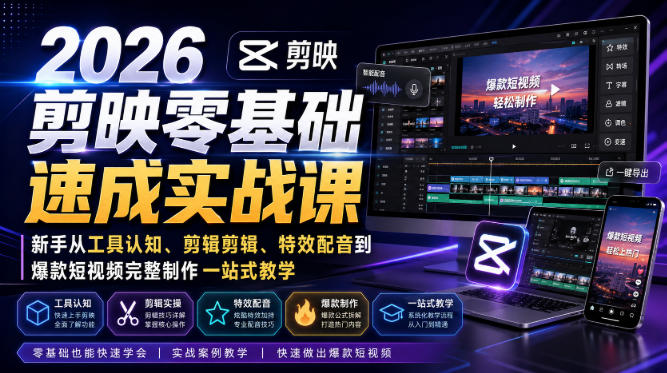 2026剪映零基础速成实战课|新手从工具认知、剪辑剪辑、特效配音到爆款短视频完整制作一站式教学-项目汇