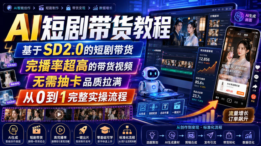 AI短剧带货教程，基于SD2.0的短剧带货，完播率超高的带货视频，无需抽卡品质拉满，从0到1完整实操流程-项目汇