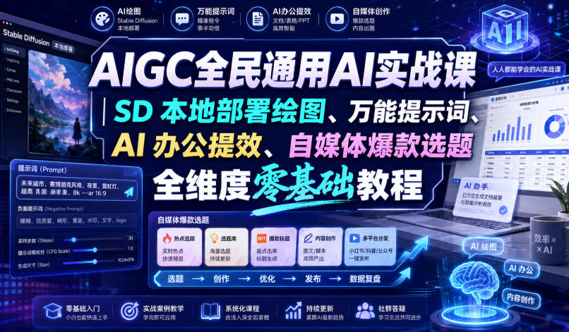 AIGC全民通用AI实战课|SD本地部署绘图、万能提示词、AI办公提效、自媒体爆款选题全维度零基础教程-项目汇
