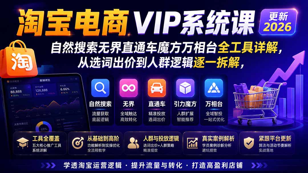 图片[1]-淘宝电商VIP系统课-更新8月；自然搜索无界直通车魔方万相台全工具详解，从选词出价到人群逻辑逐一拆解-项目汇