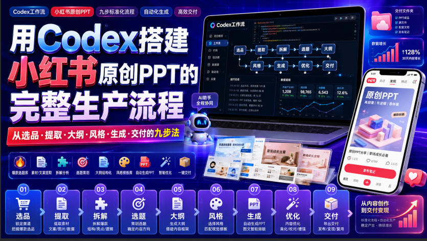 用Codex搭建小红书原创PPT的完整生产流程,从选品·提取·大纲·风格·生成·交付的九步法-项目汇