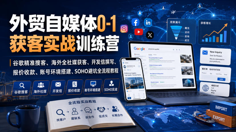 外贸自媒体0-1获客实战训练营｜谷歌精准搜客、海外全社媒获客、开发信撰写、报价收款、账号环境搭建、SOHO避坑全流程教程-项目汇