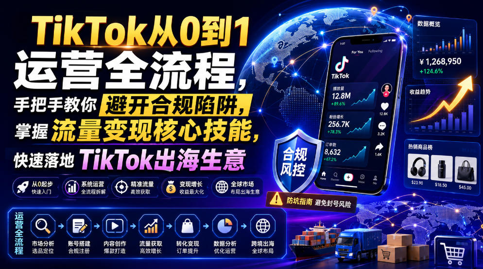 TikTok从0到1运营全流程,手把手教你避开合规陷阱,掌握流量变现核心技能,快速落地TikTok出海生意(更新8月)-项目汇