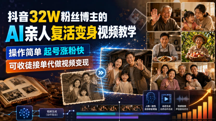 抖音32W粉丝博主的AI亲人复活变身视频教学,操作简单,起号涨粉快,可收徒接单代做视频变现-项目汇