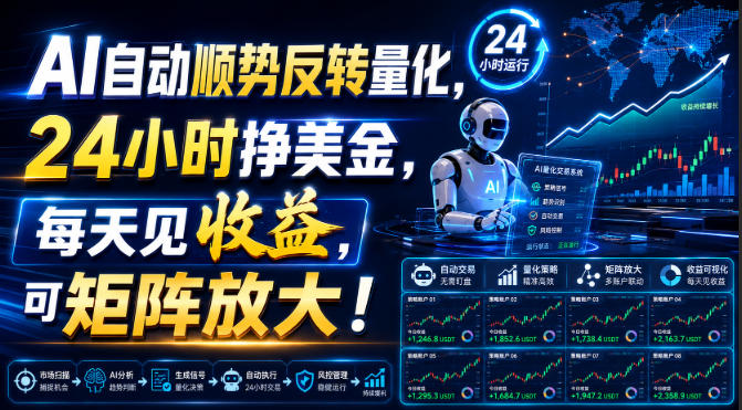 AI自动顺势反转量化,24小时挣美金,每天见收益,可矩阵放大!【揭秘】-项目汇