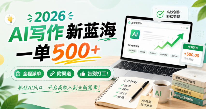 2026 AI写作新蓝海,一单500+,全程派单,附渠道,告别打工!【揭秘】-项目汇