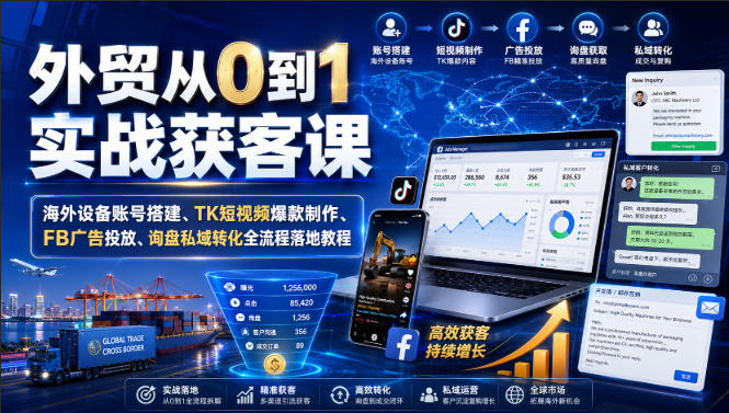 外贸从0到1实战获客课|海外设备账号搭建、TK短视频爆款制作、FB广告投放、询盘私域转化全流程落地教程-项目汇