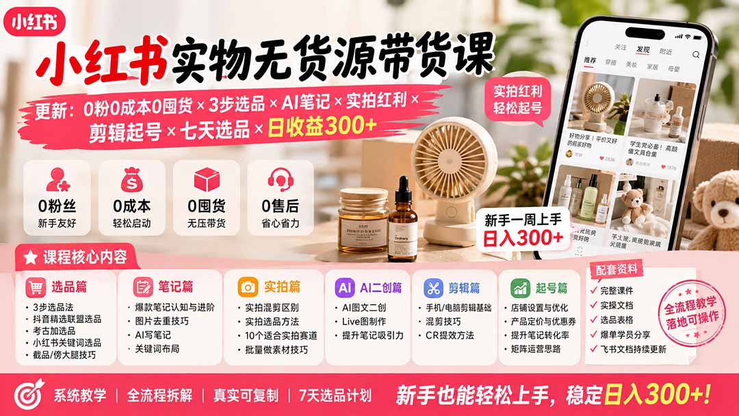 小红书实物无货源带货课-更新:0粉0成本0囤货×3步选品×AI笔记×实拍红利×剪辑起号×七天选品×日收益300+-项目汇