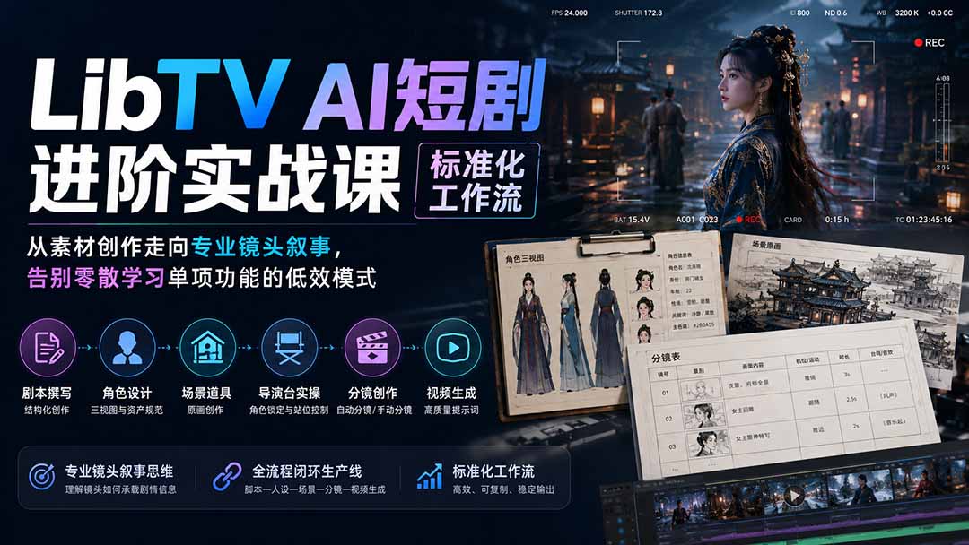 LibTV AI短剧进阶实操课标准化工作流;从素材创作走向专业镜头叙事,告别零散学习单项功能的低效模式-项目汇