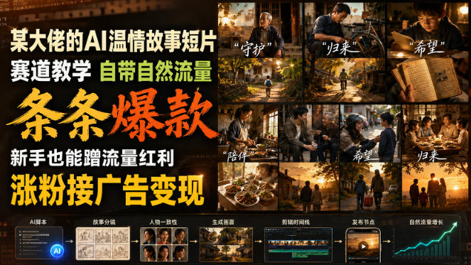 某大佬的AI温情故事短片赛道教学，自带自然流量，条条爆款，新手也能蹭流量红利，涨粉接广告变现-项目汇