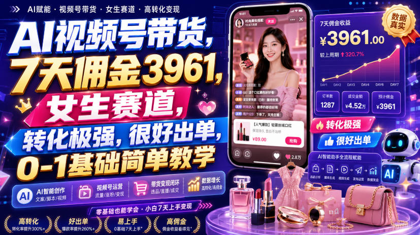 AI视频号带货,7天佣金3961,女生赛道,转化极强,很好出单,0-1基础简单教学-项目汇
