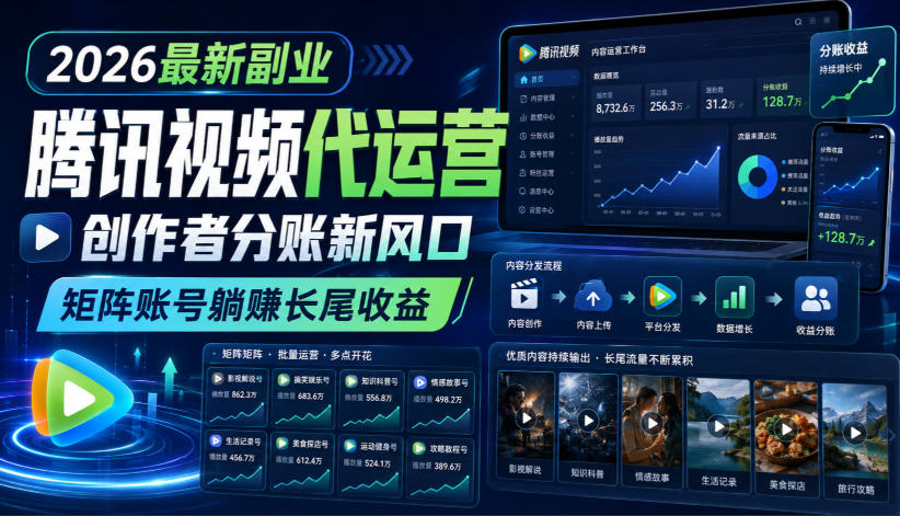 2026最新副业之腾讯视频代运营:创作者分账新风口,矩阵账号躺賺长尾收益【揭秘】-项目汇