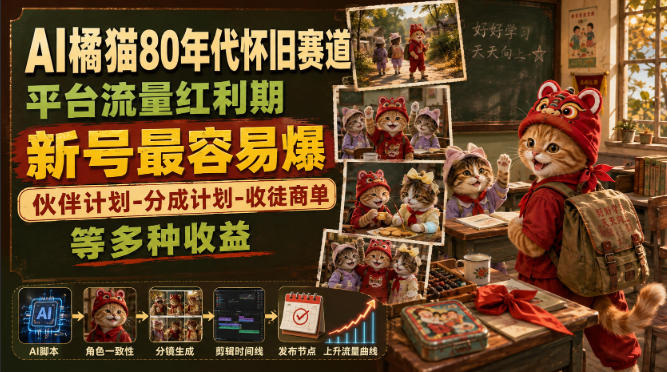 AI橘猫80年代怀旧赛道,平台流量红利期,新号最容易爆,伙伴计划-分成计划-收徒商单等多种收益-项目汇