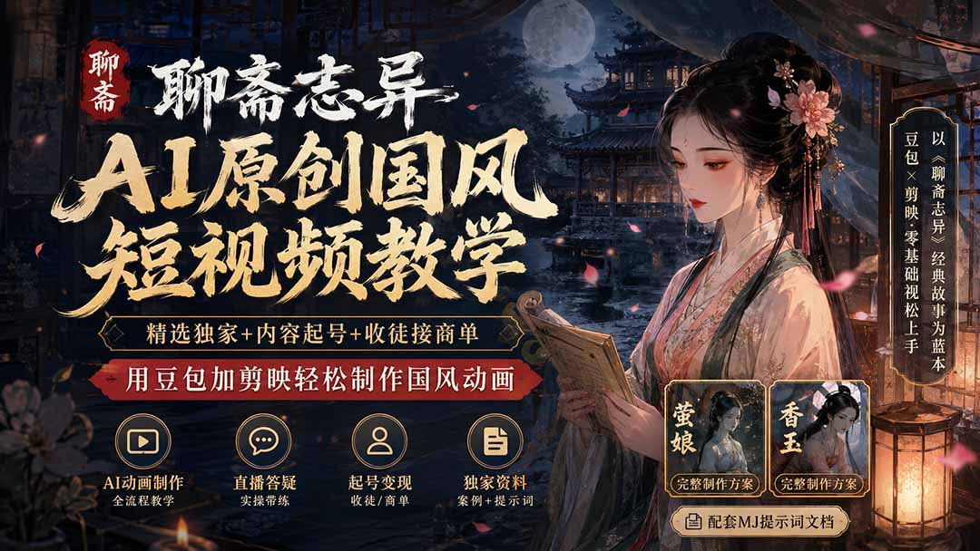 聊斋志异AI原创国风短视频教学;精选独家+内容起号+收徒接商单,用豆包加剪映轻松制作国风动画-项目汇