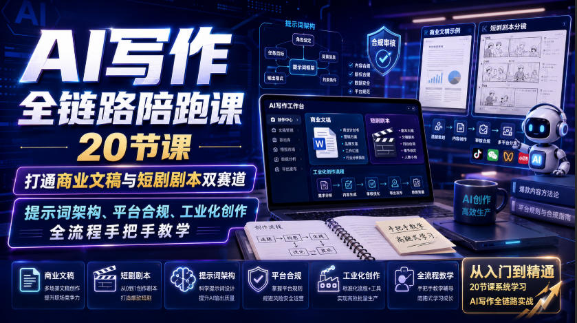 AI写作全链路陪跑课|20节课打通商业文稿与短剧剧本双赛道,提示词架构、平台合规、工业化创作全流程手把手教学-项目汇