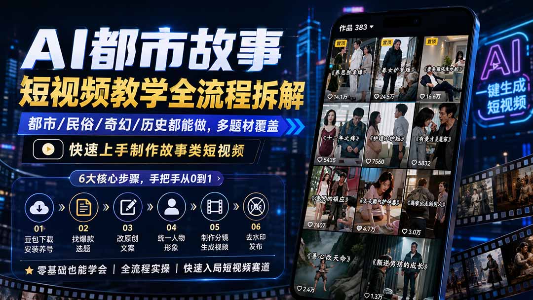 AI都市故事短视频教学全流程拆解;都市/民俗/奇幻/历史都能做多题材覆盖,快速上手制作故事类短视频-项目汇