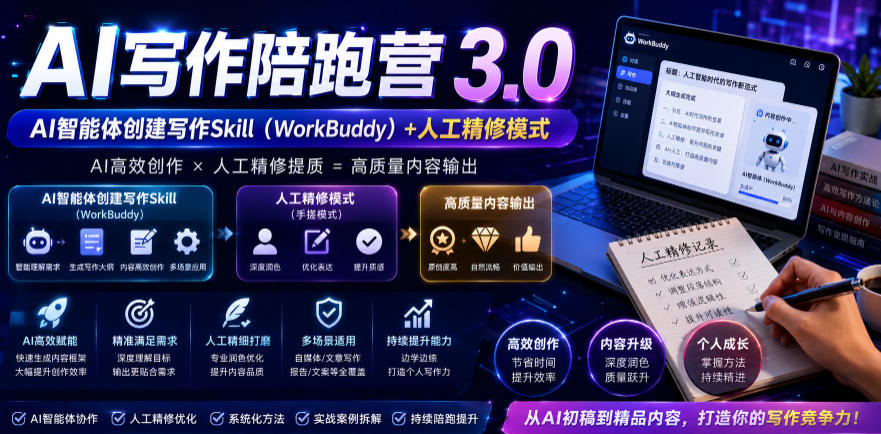 AI写作陪跑营3.0,Ai智能体创建写作skill(workbuddy)+人工手写模式(手搓模式),去除AI痕迹(头条号、公众号、百家号)(更新0814)-项目汇