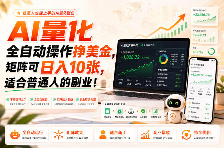 AI量化全自动操作挣美金,矩阵可日入10张,适合普通人的副业!【揭秘】-项目汇