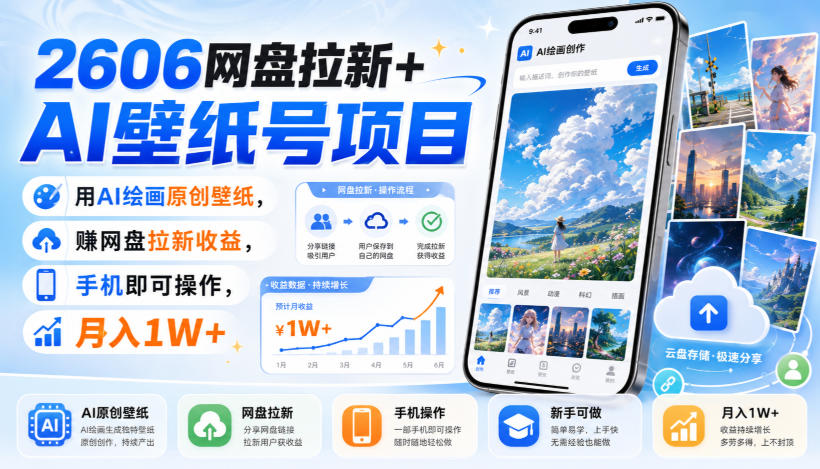 2606网盘拉新+AI壁纸号项目，用AI绘画原创壁纸，賺网盘拉新收益，手机即可操作，月入1W+-项目汇