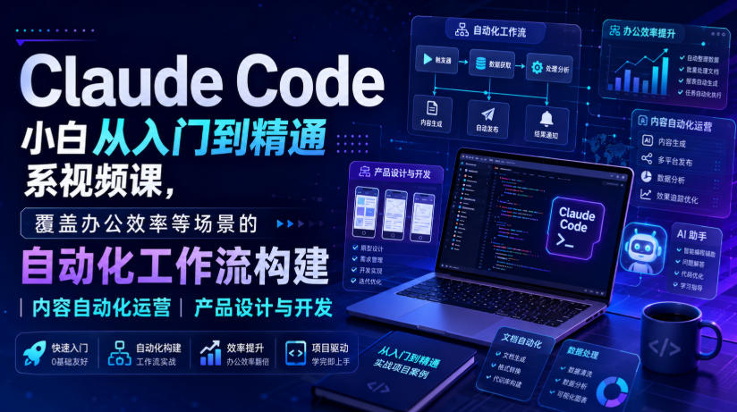 Claude Code小白从入门到精通系视频课,覆盖办公效率等场景的自动化工作流构建|内容自动化运营|产品设计与开发-项目汇