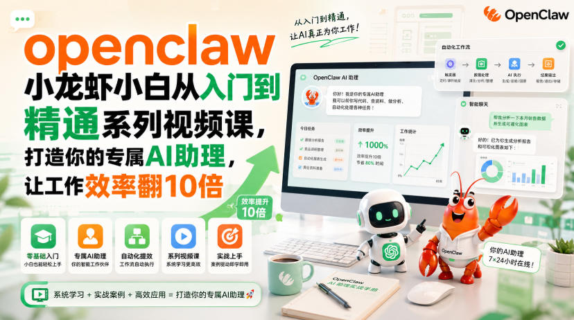 openclaw小龙虾小白从入门到精通系列视频课,打造你的专属AI助理,让工作效率翻10倍-项目汇