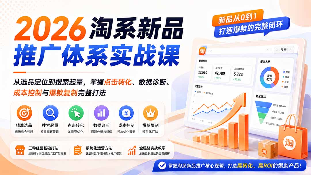 2026淘系新品推广体系实战课:从选品定位到搜索起量,掌握点击转化、数据诊断、成本控制与爆款复制完整打法-项目汇
