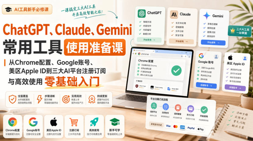 ChatGPT、Claude、Gemini常用工具使用准备课｜从Chrome配置、Google账号、美区Apple ID到三大AI平台注册订阅与高效使用零基础入门-项目汇
