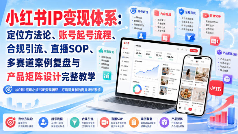 小红书IP变现体系：定位方法论、账号起号流程、合规引流、直播SOP、多赛道案例复盘与产品矩阵设计完整教学-项目汇