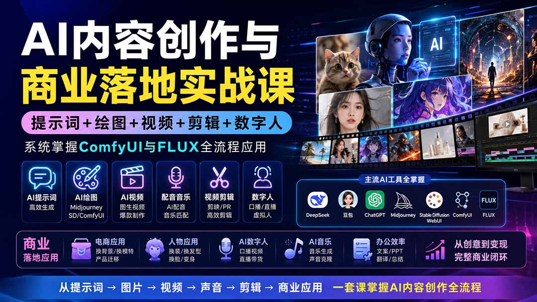 AI内容创作与商业落地实战课:提示词+绘图+视频+剪辑+数字人,系统掌握ComfyUI与FLUX全流程应用-项目汇