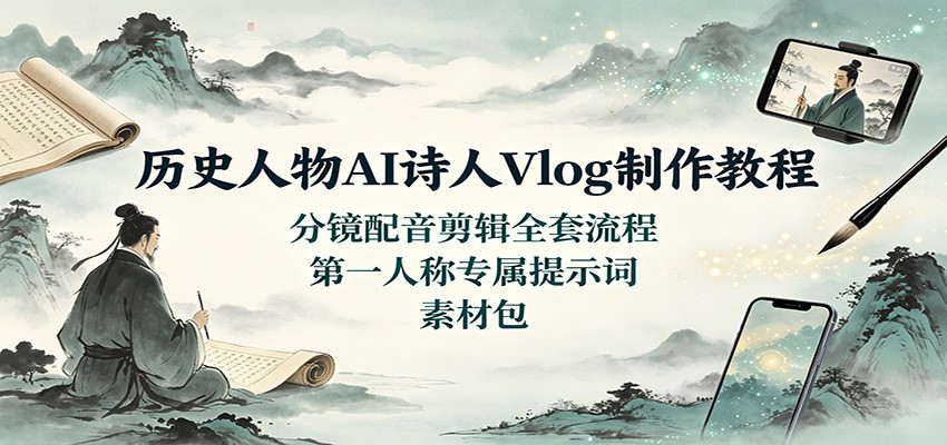 历史人物AI诗人Vlog制作教程：分镜配音剪辑全套流程，第一人称专属提示词素材包-项目汇