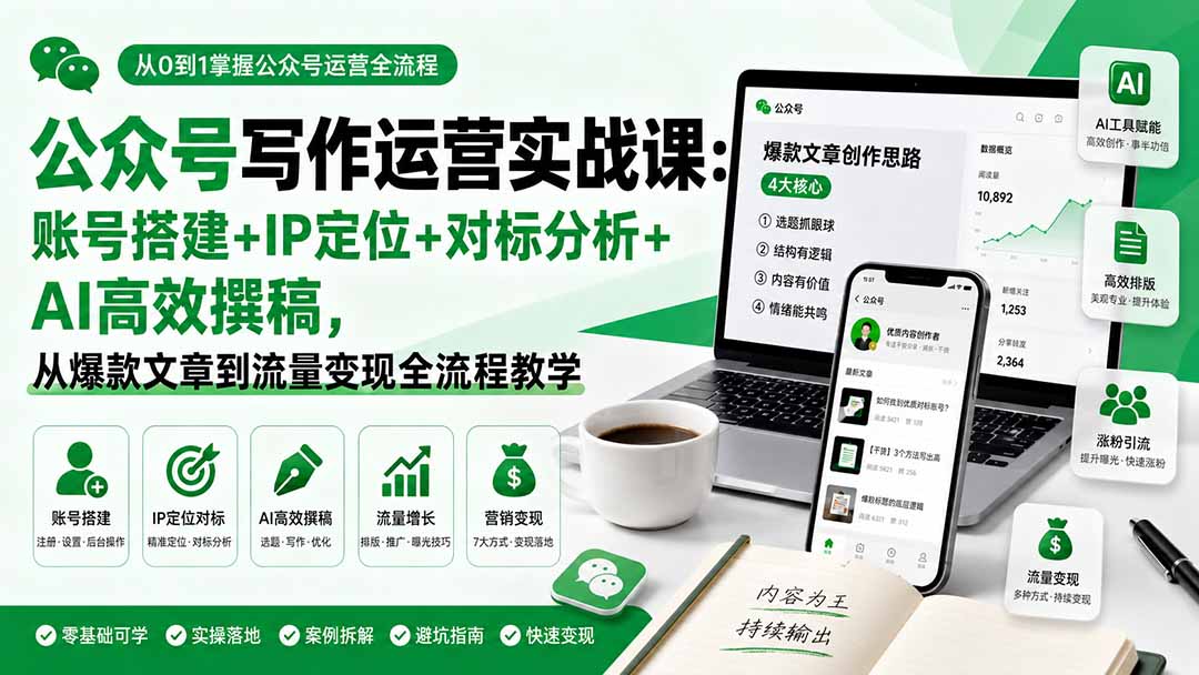 公众号写作运营实战课：账号搭建+IP定位+对标分析+AI高效撰稿，从爆款文章到流量变现全流程教学-项目汇