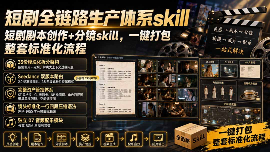 短剧全链路生产体系skill,短剧剧本创作+分镜skill,一键打包,整套标准化流程-项目汇