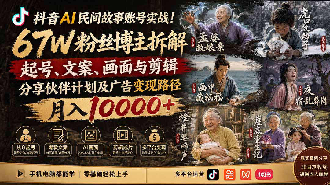 抖音AI民间故事账号实战!67W粉丝博主拆解起号、文案、画面与剪辑,分享伙伴计划及广告变现路径,月入10000+-项目汇