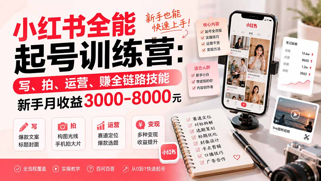 小红书全能起号训练营-更新:写、拍、运营、赚全链路技能,新手月收益3000-8000元-项目汇