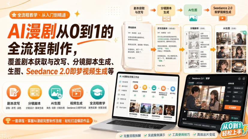 AI漫剧从0到1的全流程制作，覆盖剧本获取与改写、分镜脚本生成、角色场景生图与三视图、Seedance 2.0即梦视频生成(PDF版)-项目汇