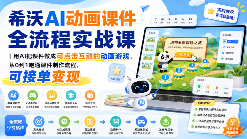 希沃AI动画课件全流程实战课｜用AI把课件做成可点击互动的动画游戏，从0到1跑通课件制作流程，可接单变现-项目汇