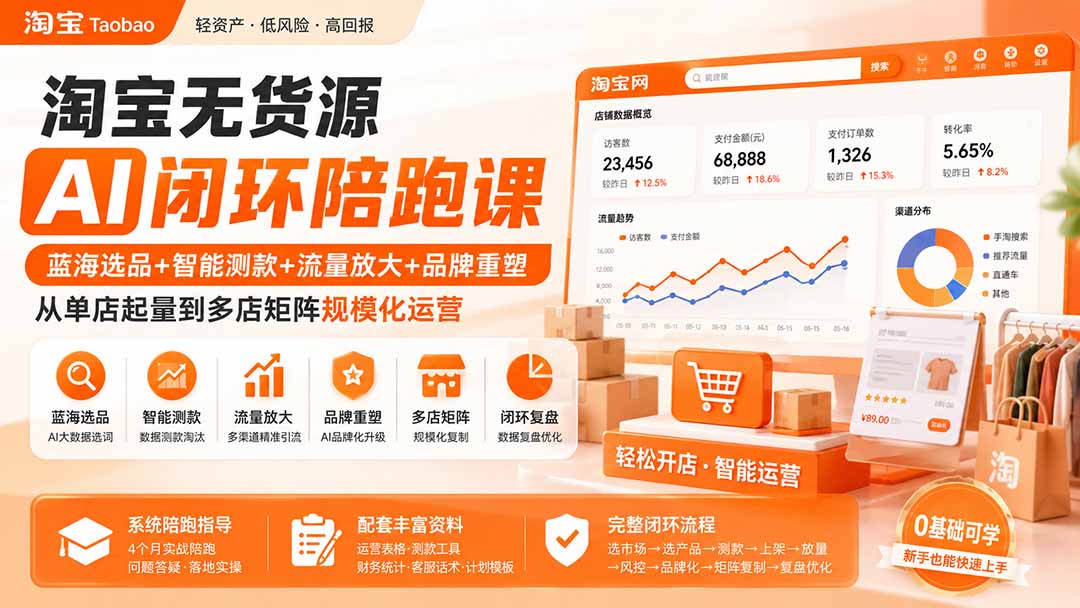淘宝无货源AI闭环陪跑课：蓝海选品+智能测款+流量放大+品牌重塑，从单店起量到多店矩阵规模化运营-项目汇