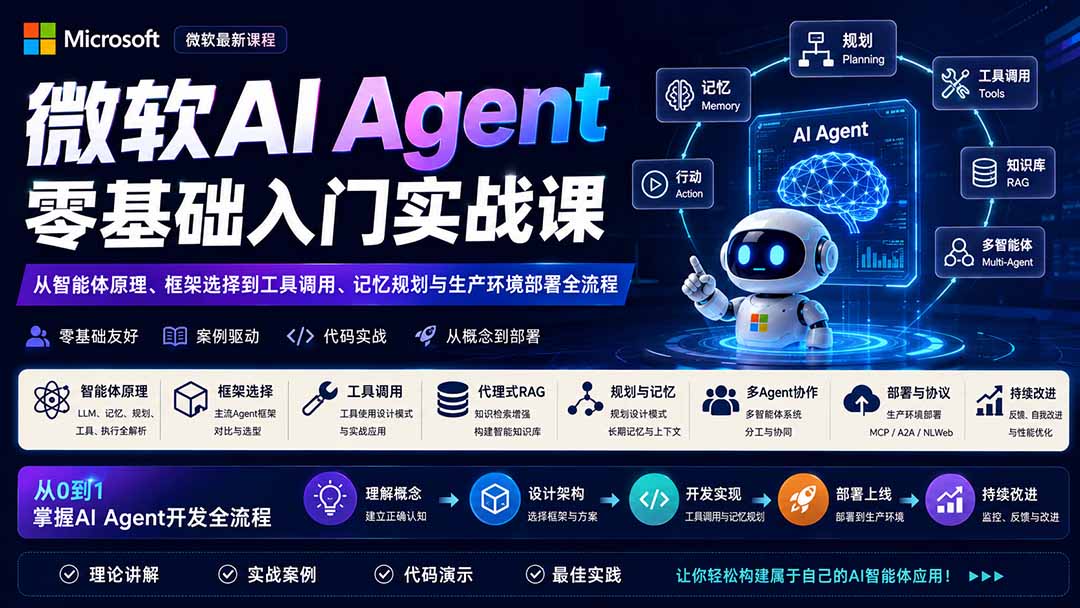 微软AI Agent零基础入门实战课：从智能体原理、框架选择到工具调用、记忆规划与生产环境部署全流程-项目汇