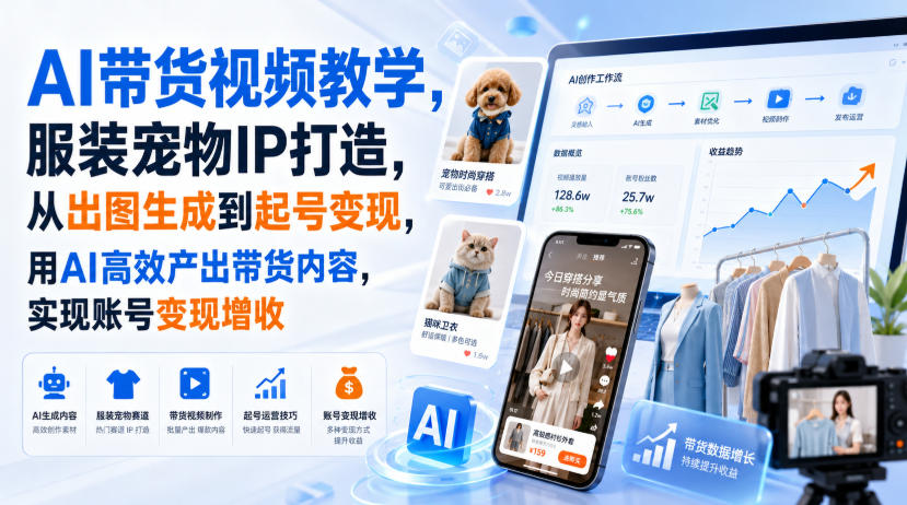 AI带货视频教学，服装宠物IP打造，从出图生成到起号变现，用AI高效产出带货内容，实现账号变现增收-项目汇