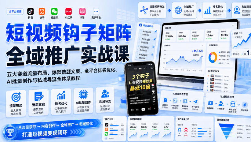 短视频钩子矩阵全域推广实战课｜五大赛道流量布局、爆款选题文案、全平台排名优化、AI批量创作与私域导流全体系教程-项目汇