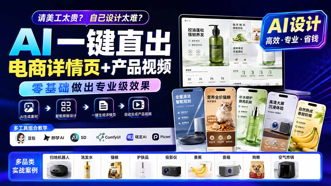 请美工太贵？自己设计太难？AI一键直出电商详情页+产品视频，零基础做出专业级效果 (更新0820-项目汇